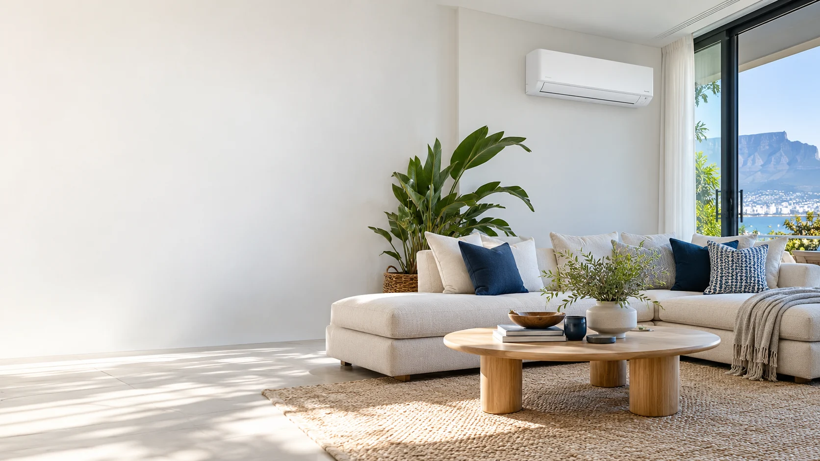 Bright living room with a wall-mounted air conditioner — illustrative interior